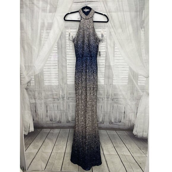 Betsy & Adam Size 2 Long Dress Gown Ombre Sequins Mock Neck Sleeveless Blue - Picture 4 of 16